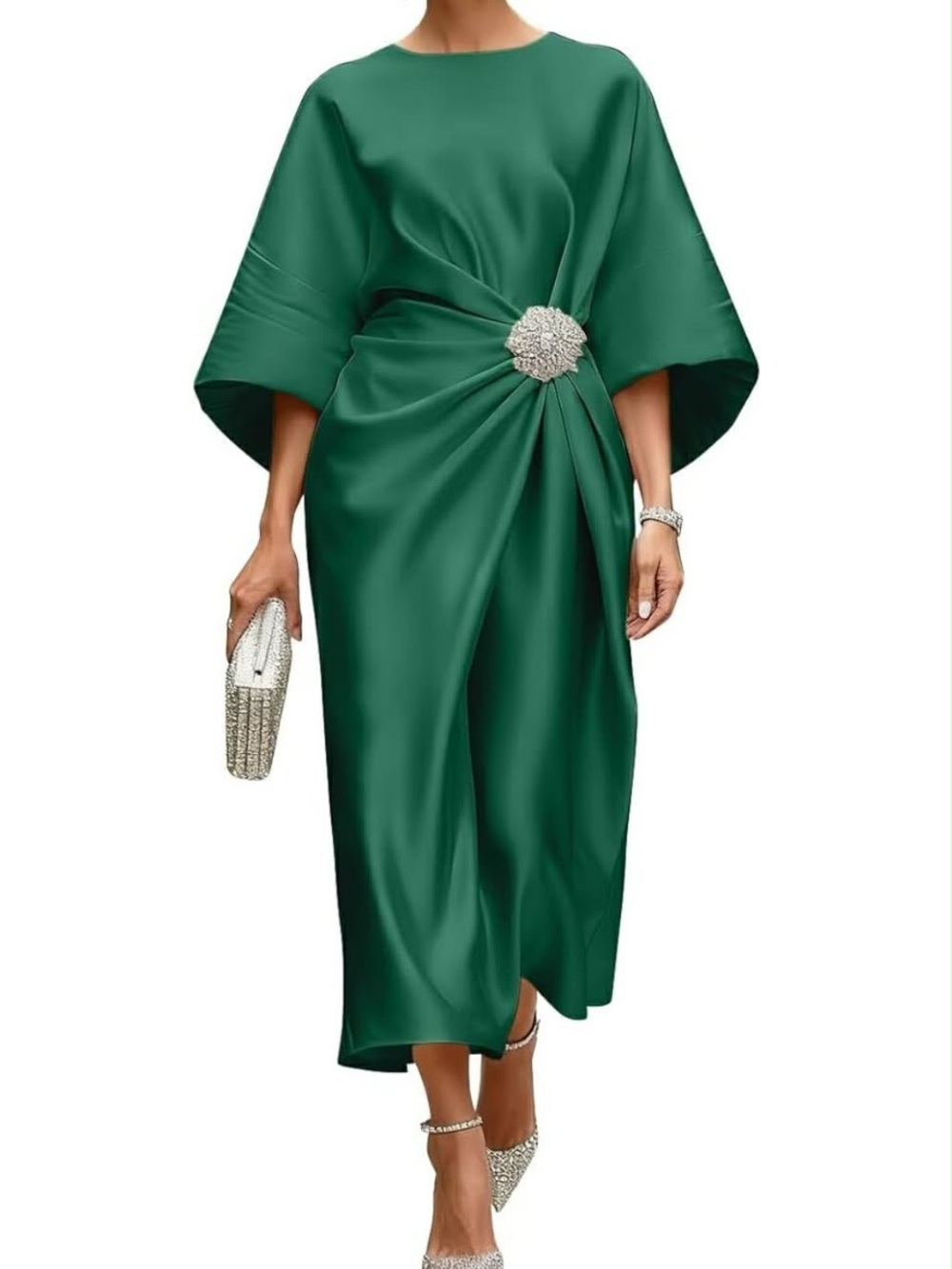 Elegant Emerald Green Satin Midi Dress with Brooch Detail